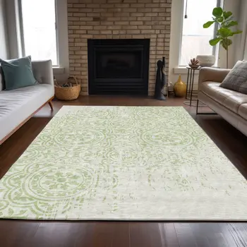 5' X 8' Artichoke Green And Ivory Medallion Washable Indoor Outdoor Area Rug
