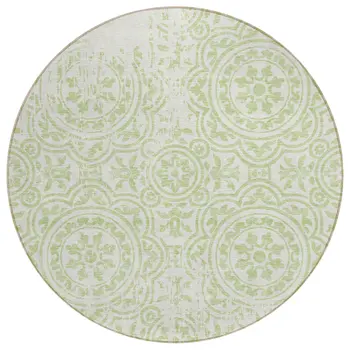8' Artichoke Green And Ivory Round Medallion Washable Indoor Outdoor Area Rug