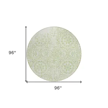 8' Artichoke Green And Ivory Round Medallion Washable Indoor Outdoor Area Rug