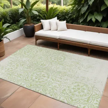 8' X 10' Artichoke Green And Ivory Medallion Washable Indoor Outdoor Area Rug