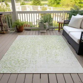 8' X 10' Artichoke Green And Ivory Medallion Washable Indoor Outdoor Area Rug