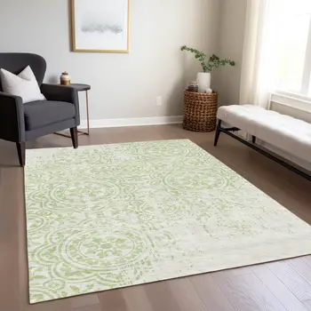 8' X 10' Artichoke Green And Ivory Medallion Washable Indoor Outdoor Area Rug
