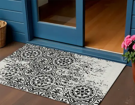 3' X 5' Black And Ivory Medallion Washable Indoor Outdoor Area Rug