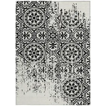 5' X 8' Black And Ivory Medallion Washable Indoor Outdoor Area Rug