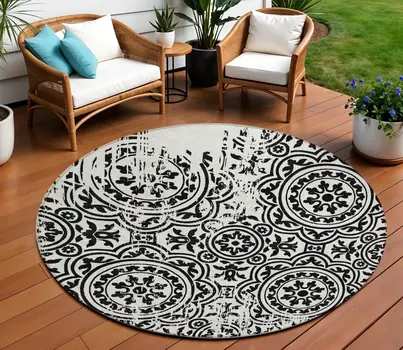 8' Black And Ivory Round Medallion Washable Indoor Outdoor Area Rug