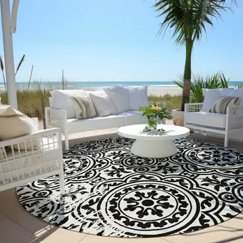 8' Black And Ivory Round Medallion Washable Indoor Outdoor Area Rug
