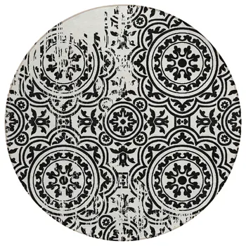 8' Black And Ivory Round Medallion Washable Indoor Outdoor Area Rug