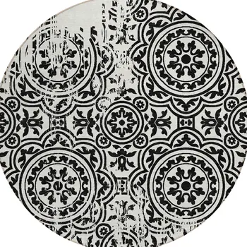 8' Black And Ivory Round Medallion Washable Indoor Outdoor Area Rug