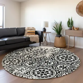 8' Black And Ivory Round Medallion Washable Indoor Outdoor Area Rug