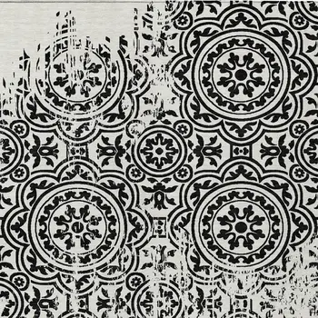 9' X 12' Black And Ivory Medallion Washable Indoor Outdoor Area Rug