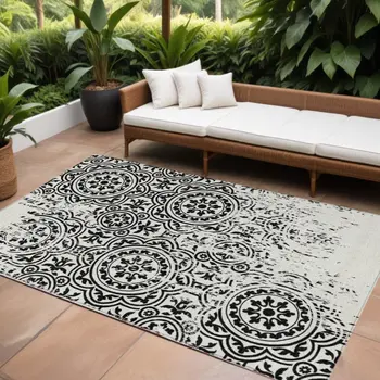 9' X 12' Black And Ivory Medallion Washable Indoor Outdoor Area Rug