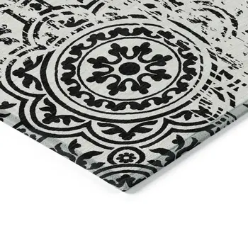 9' X 12' Black And Ivory Medallion Washable Indoor Outdoor Area Rug