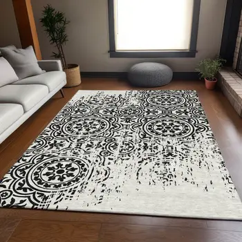 9' X 12' Black And Ivory Medallion Washable Indoor Outdoor Area Rug