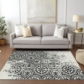 9' X 12' Black And Ivory Medallion Washable Indoor Outdoor Area Rug