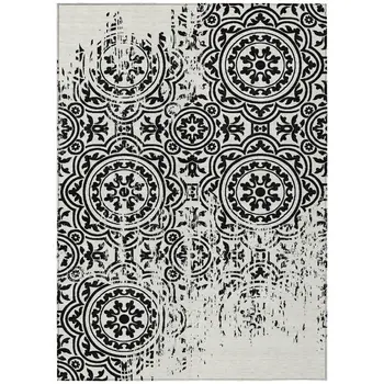 10' X 14' Black And Ivory Medallion Washable Indoor Outdoor Area Rug