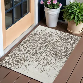 3' X 5' Chocolate And Ivory Medallion Washable Indoor Outdoor Area Rug