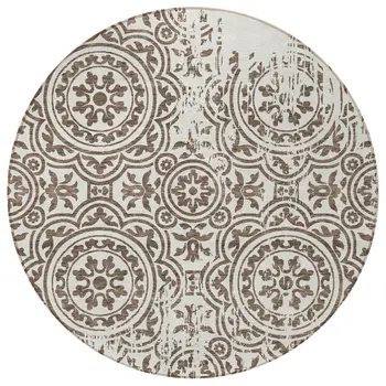 8' Chocolate And Ivory Round Medallion Washable Indoor Outdoor Area Rug