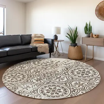 8' Chocolate And Ivory Round Medallion Washable Indoor Outdoor Area Rug