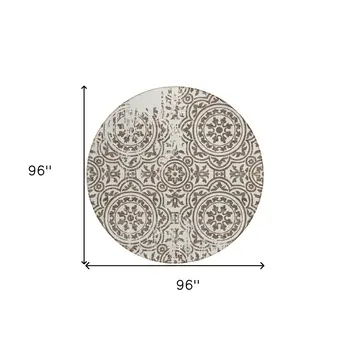 8' Chocolate And Ivory Round Medallion Washable Indoor Outdoor Area Rug