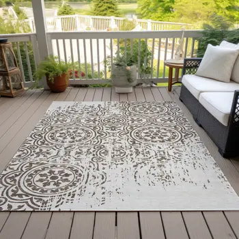 8' X 10' Chocolate And Ivory Medallion Washable Indoor Outdoor Area Rug
