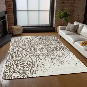 8' X 10' Chocolate And Ivory Medallion Washable Indoor Outdoor Area Rug