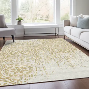 5' X 8' Gold And Ivory Medallion Washable Indoor Outdoor Area Rug