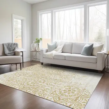 5' X 8' Gold And Ivory Medallion Washable Indoor Outdoor Area Rug