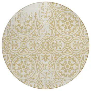 8' Gold And Ivory Round Medallion Washable Indoor Outdoor Area Rug