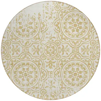 8' Gold And Ivory Round Medallion Washable Indoor Outdoor Area Rug