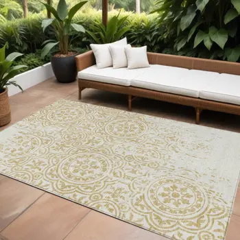 8' X 10' Gold And Ivory Medallion Washable Indoor Outdoor Area Rug