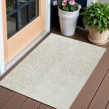 3' X 5' Ivory And Beige Medallion Washable Indoor Outdoor Area Rug