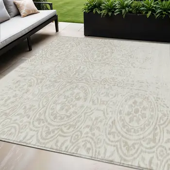 5' X 8' Ivory And Beige Medallion Washable Indoor Outdoor Area Rug
