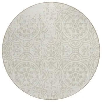 8' Ivory And Beige Round Medallion Washable Indoor Outdoor Area Rug