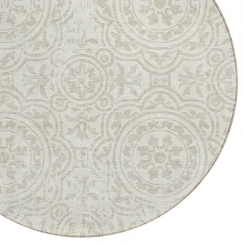8' Ivory And Beige Round Medallion Washable Indoor Outdoor Area Rug