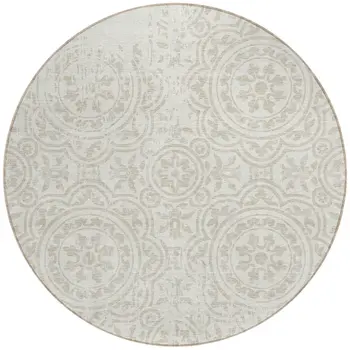 8' Ivory And Beige Round Medallion Washable Indoor Outdoor Area Rug