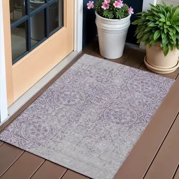 3' X 5' Lavender And Lilac Medallion Washable Indoor Outdoor Area Rug
