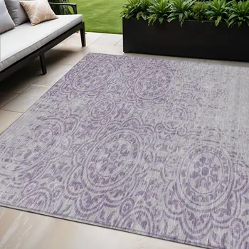 5' X 8' Lavender And Lilac Medallion Washable Indoor Outdoor Area Rug