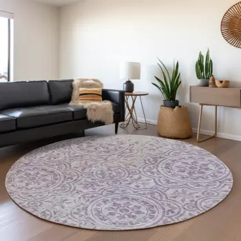 8' Lavender And Lilac Round Medallion Washable Indoor Outdoor Area Rug