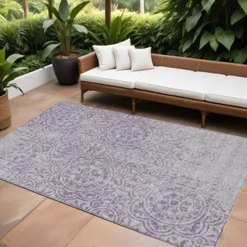 10' X 14' Lavender And Lilac Medallion Washable Indoor Outdoor Area Rug