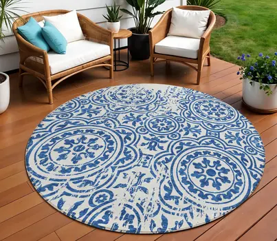 8' Navy Blue And Ivory Round Medallion Washable Indoor Outdoor Area Rug