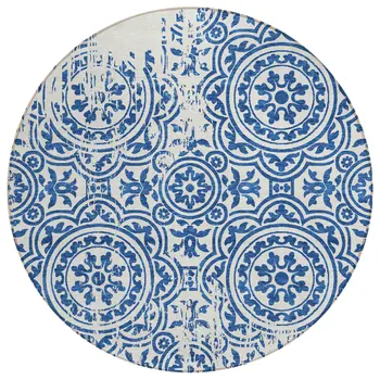 8' Navy Blue And Ivory Round Medallion Washable Indoor Outdoor Area Rug