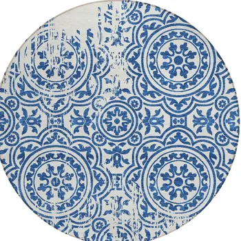 8' Navy Blue And Ivory Round Medallion Washable Indoor Outdoor Area Rug