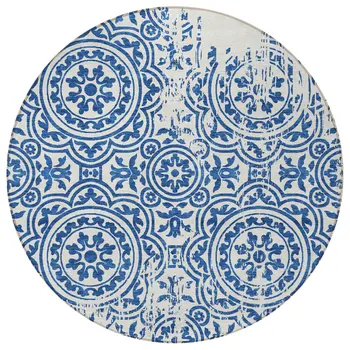 8' Navy Blue And Ivory Round Medallion Washable Indoor Outdoor Area Rug