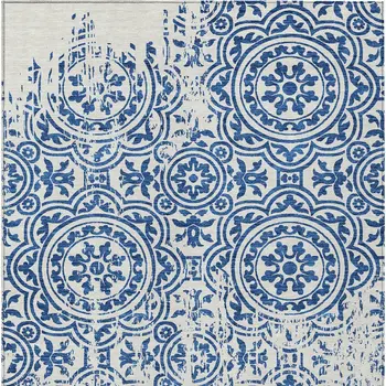 8' X 10' Navy Blue And Ivory Medallion Washable Indoor Outdoor Area Rug
