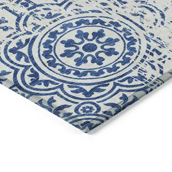 9' X 12' Navy Blue And Ivory Medallion Washable Indoor Outdoor Area Rug