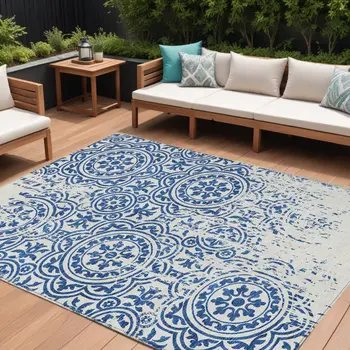 10' X 14' Navy Blue And Ivory Medallion Washable Indoor Outdoor Area Rug