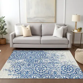 10' X 14' Navy Blue And Ivory Medallion Washable Indoor Outdoor Area Rug