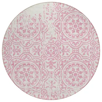 8' Pink And Ivory Round Medallion Washable Indoor Outdoor Area Rug