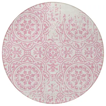 8' Pink And Ivory Round Medallion Washable Indoor Outdoor Area Rug