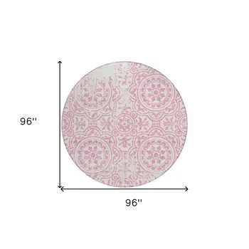 8' Pink And Ivory Round Medallion Washable Indoor Outdoor Area Rug